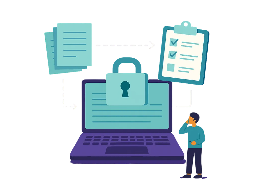 Laptop with lock icon and documents
