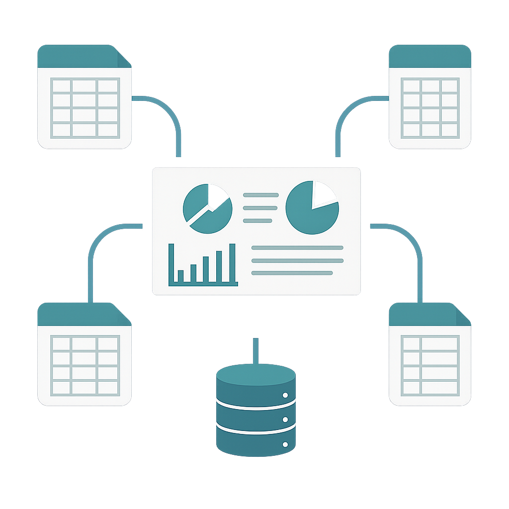 Spreadsheets floating around a laptop with a padlock