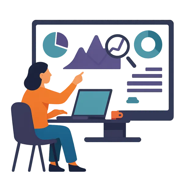 Person analyzing data on computer with charts and graphs