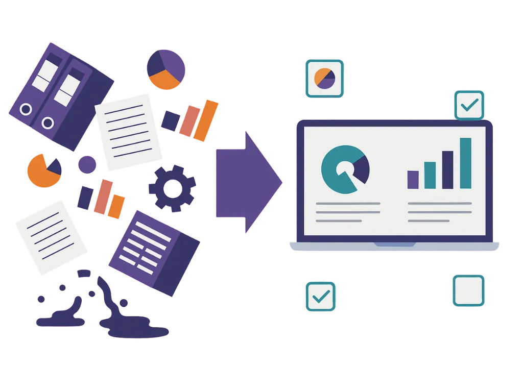Data transformation process with documents flowing into laptop