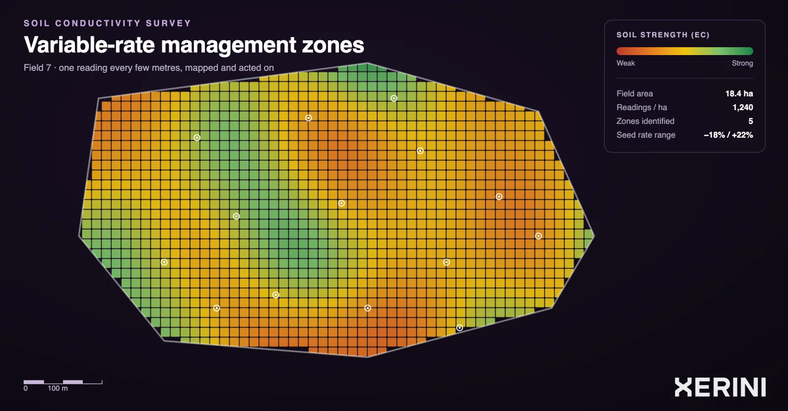 Soil conductivity heat map of a single field, showing strong and weak zones